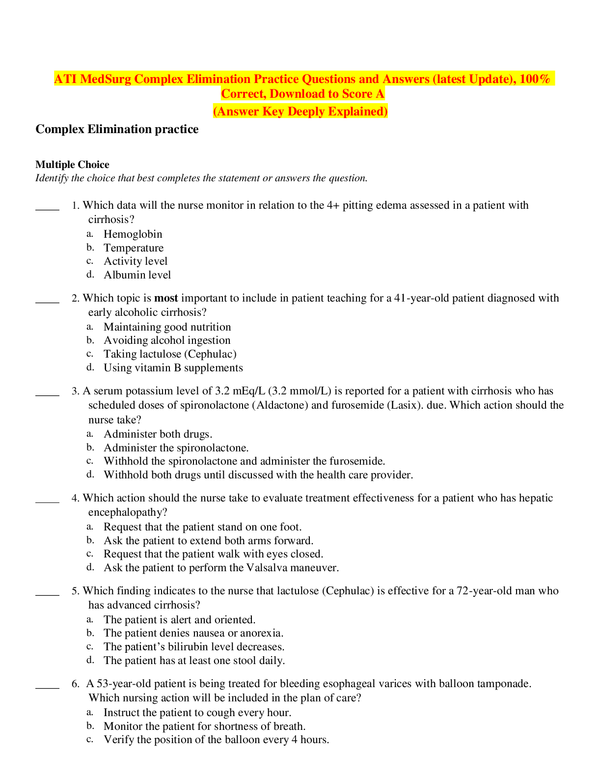 Preview image for ATI MedSurg Complex Elimination Practice Questions and Answers (latest Update), 100% Correct, Download to Score A (Answer Key Deeply Explained)
